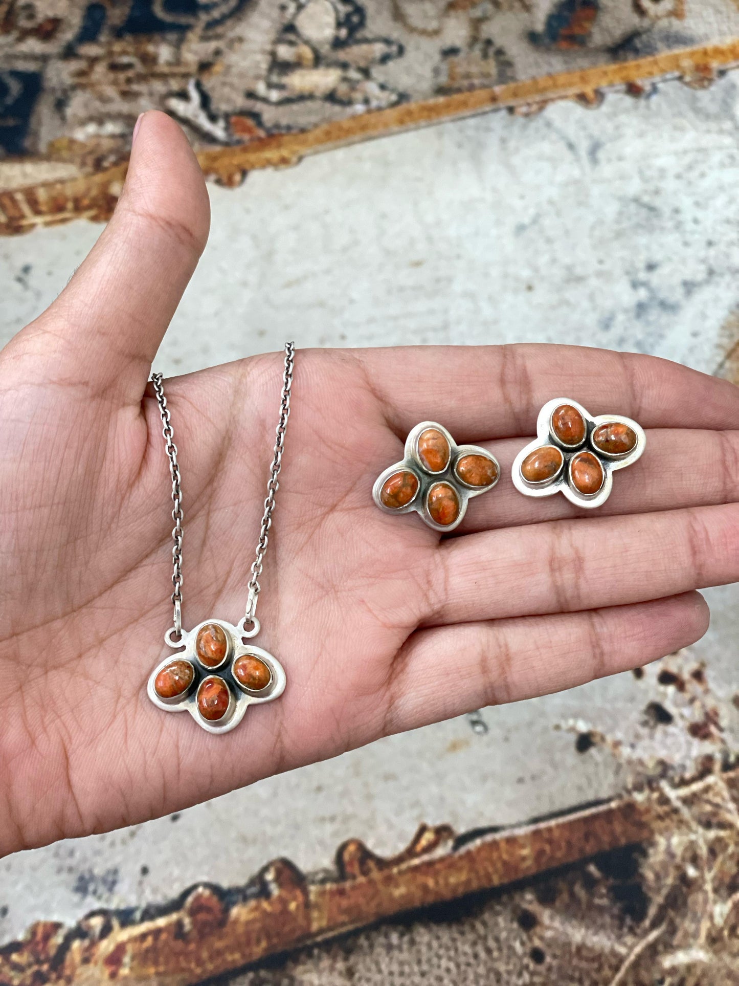 Handmade Sterling Silver White Buffalo, Orange Mojave, Kingman Turquoise Pear Necklace Post Earring Set with Signed Nizhoni