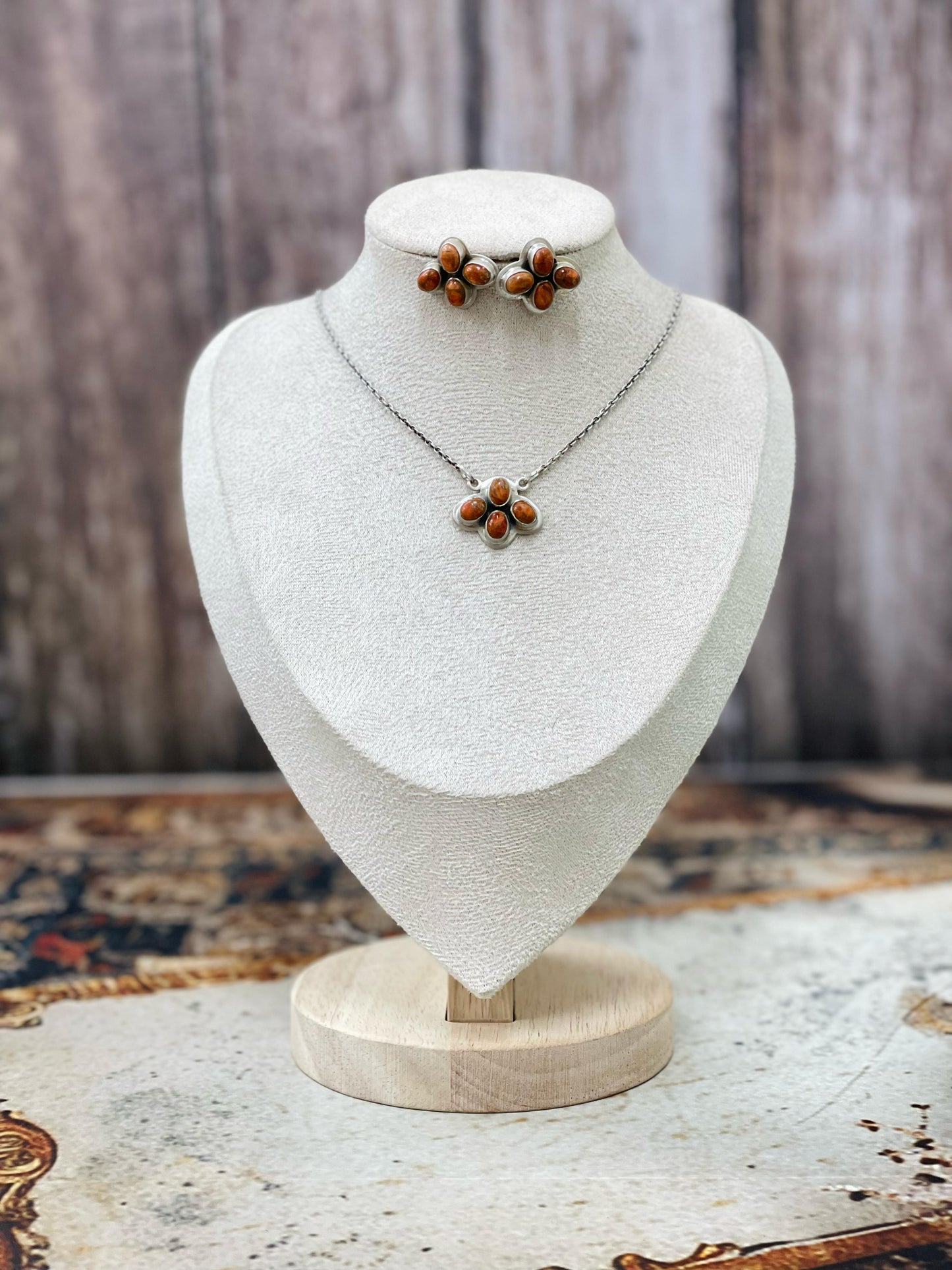 Handmade Sterling Silver White Buffalo, Orange Mojave, Kingman Turquoise Pear Necklace Post Earring Set with Signed Nizhoni