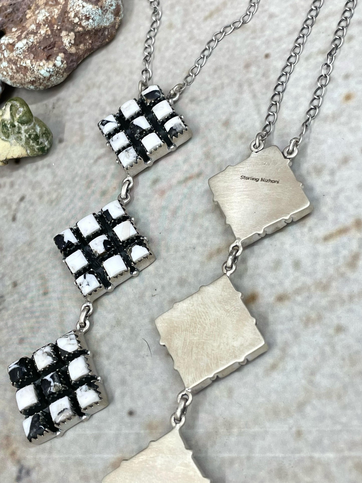 Handmade Sterling Dahlia Rose, White Buffalo Turquoise Necklace with Signed Nizhoni