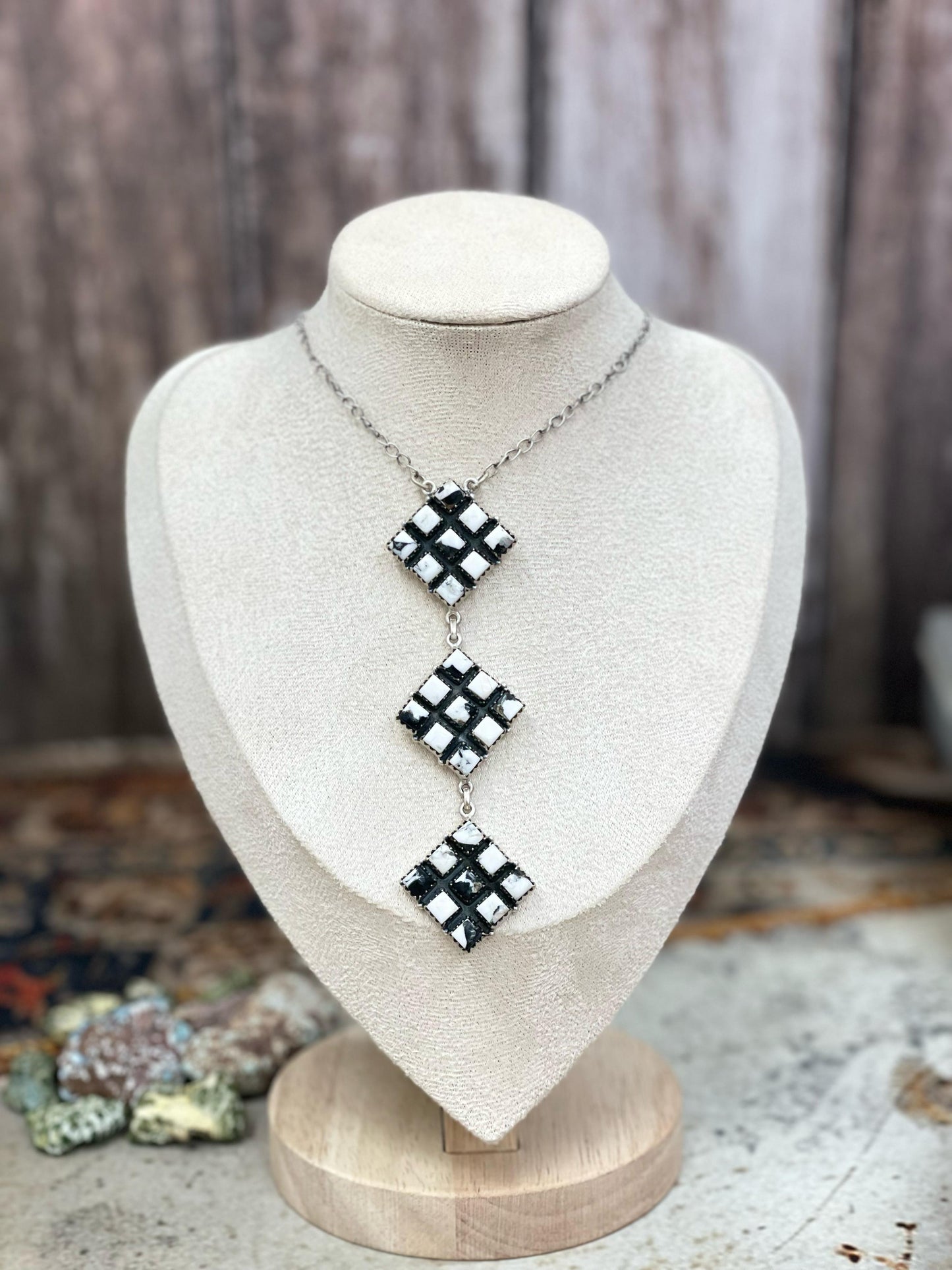 Handmade Sterling Dahlia Rose, White Buffalo Turquoise Necklace with Signed Nizhoni