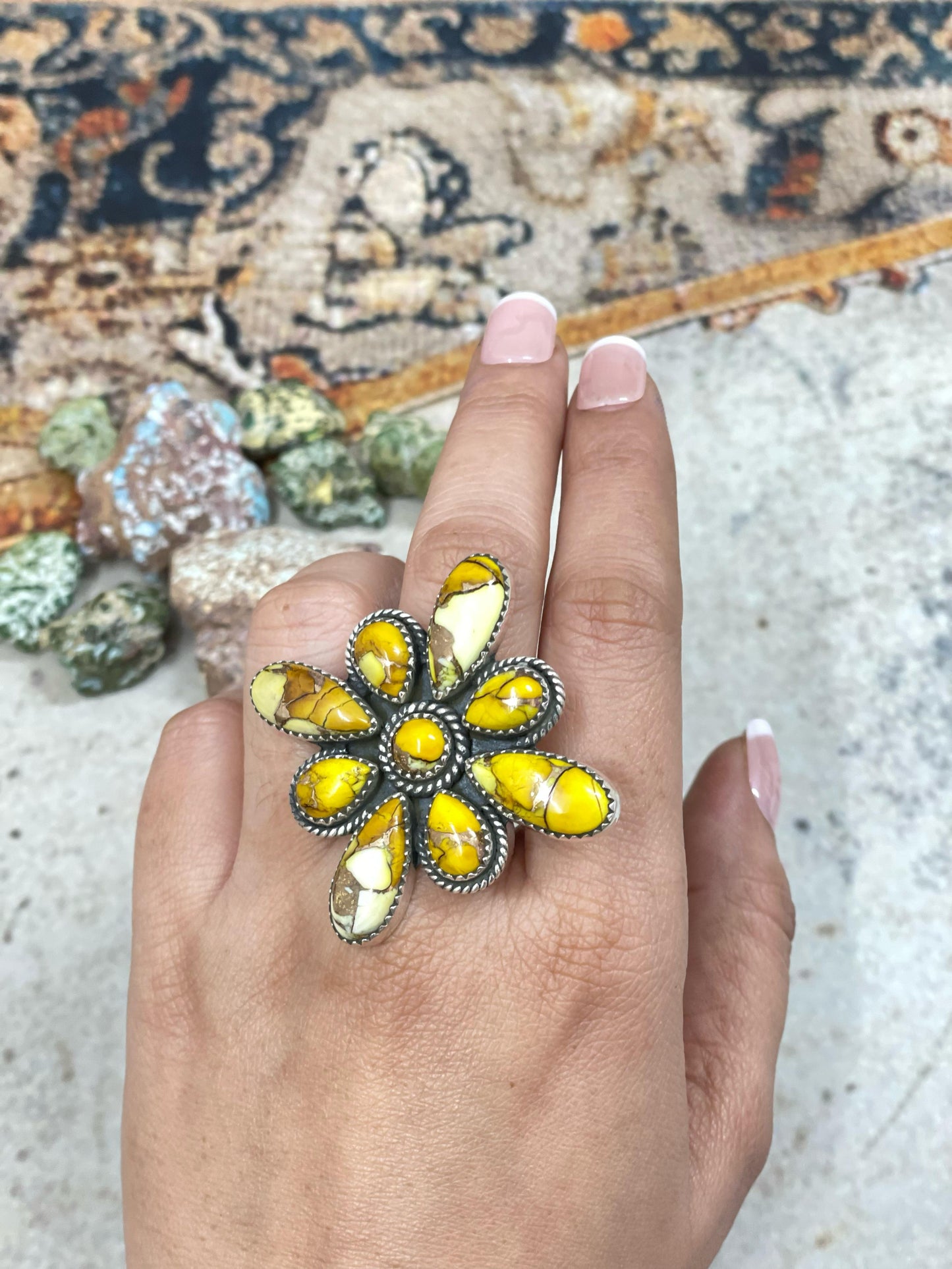 Handmade Sterling Silver Honey Dahlia Adjustable Flower Ring with Signed Nizhoni