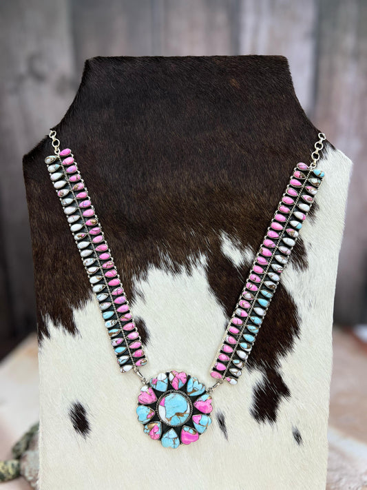 Handmade Sterling Silver Cotton Candy Turquoise Necklace with Signed Nizhoni