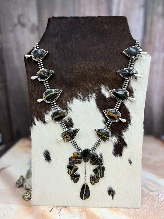 Handmade Sterling Silver Black Jack Squash Blossom Necklace with Signed Nizhoni