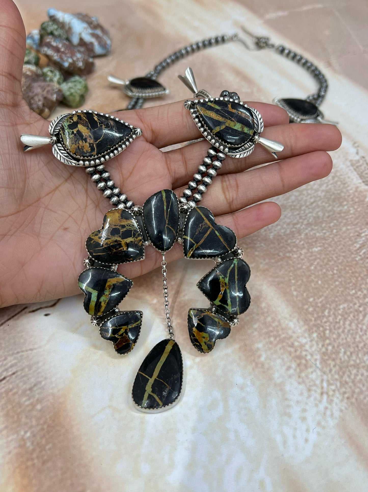 Handmade Sterling Silver Black Jack Squash Blossom Necklace with Signed Nizhoni