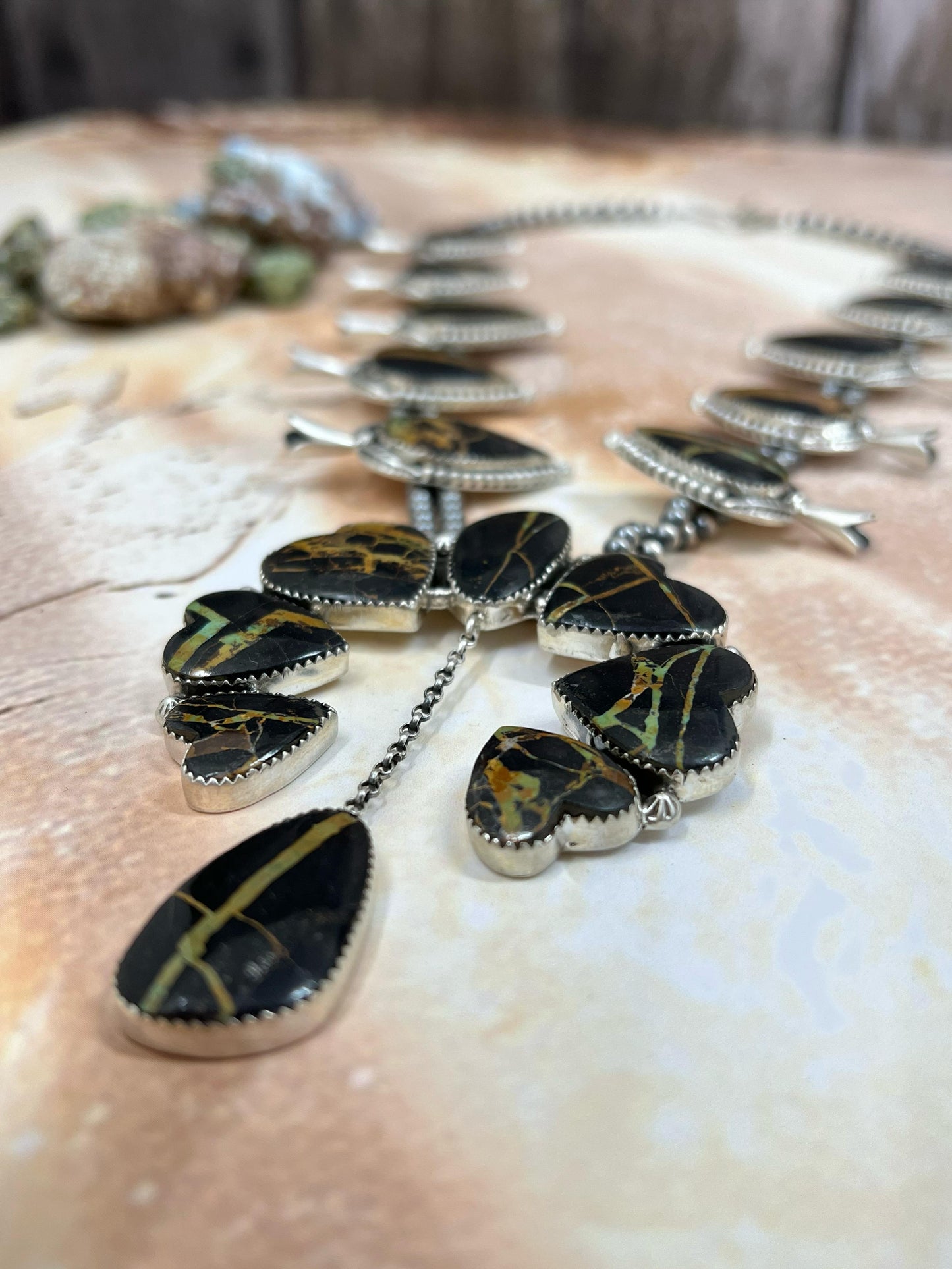 Handmade Sterling Silver Black Jack Squash Blossom Necklace with Signed Nizhoni