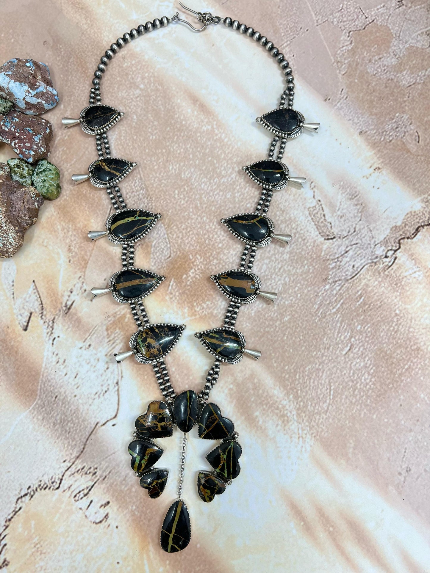 Handmade Sterling Silver Black Jack Squash Blossom Necklace with Signed Nizhoni