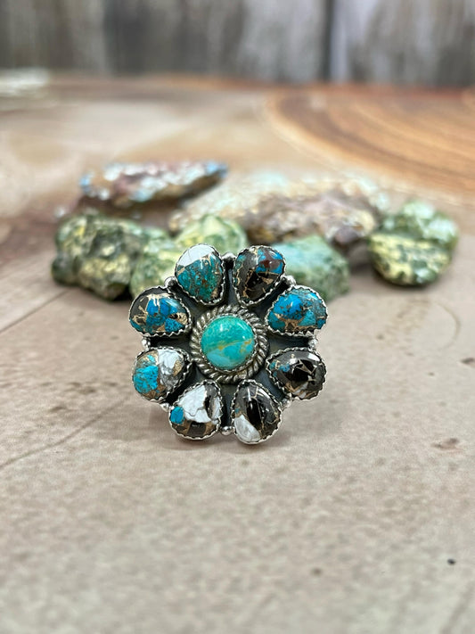 Handmade Sterling Silver Kingman Turquoise with Chrysocolla White Buffalo Turquoise Adjustable Ring, Signed Nizhoni