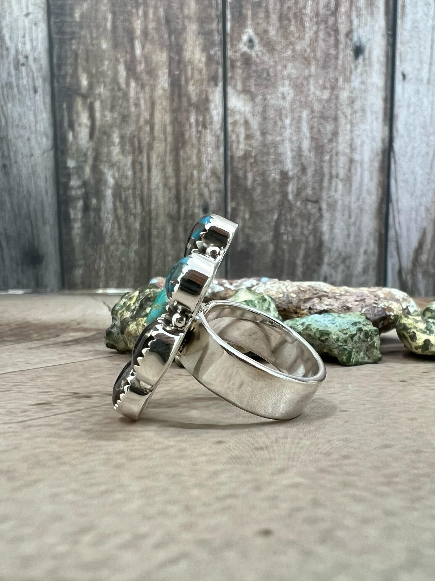 Handmade Sterling Silver Kingman Turquoise with Chrysocolla White Buffalo Turquoise Adjustable Ring, Signed Nizhoni