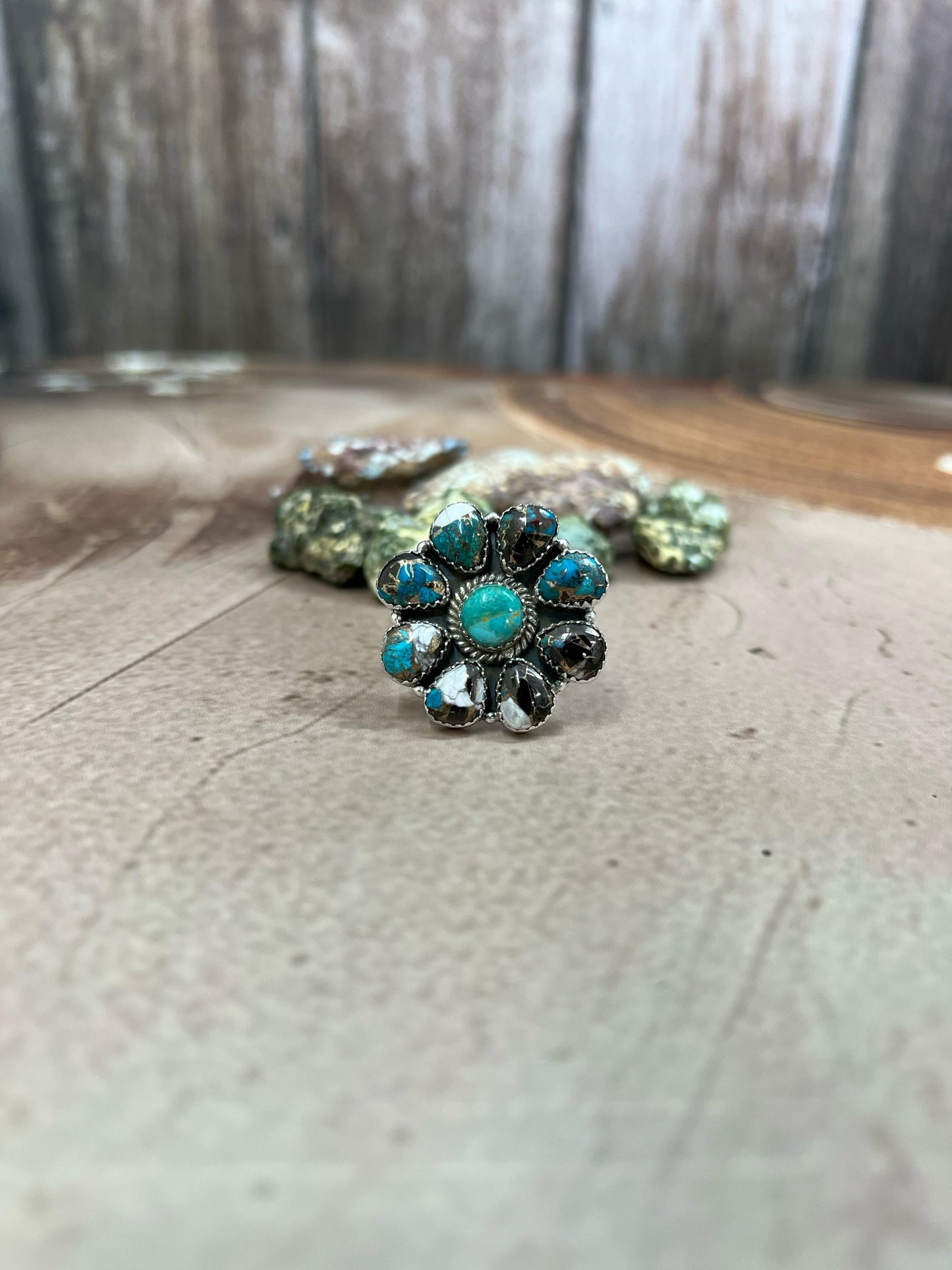Handmade Sterling Silver Kingman Turquoise with Chrysocolla White Buffalo Turquoise Adjustable Ring, Signed Nizhoni