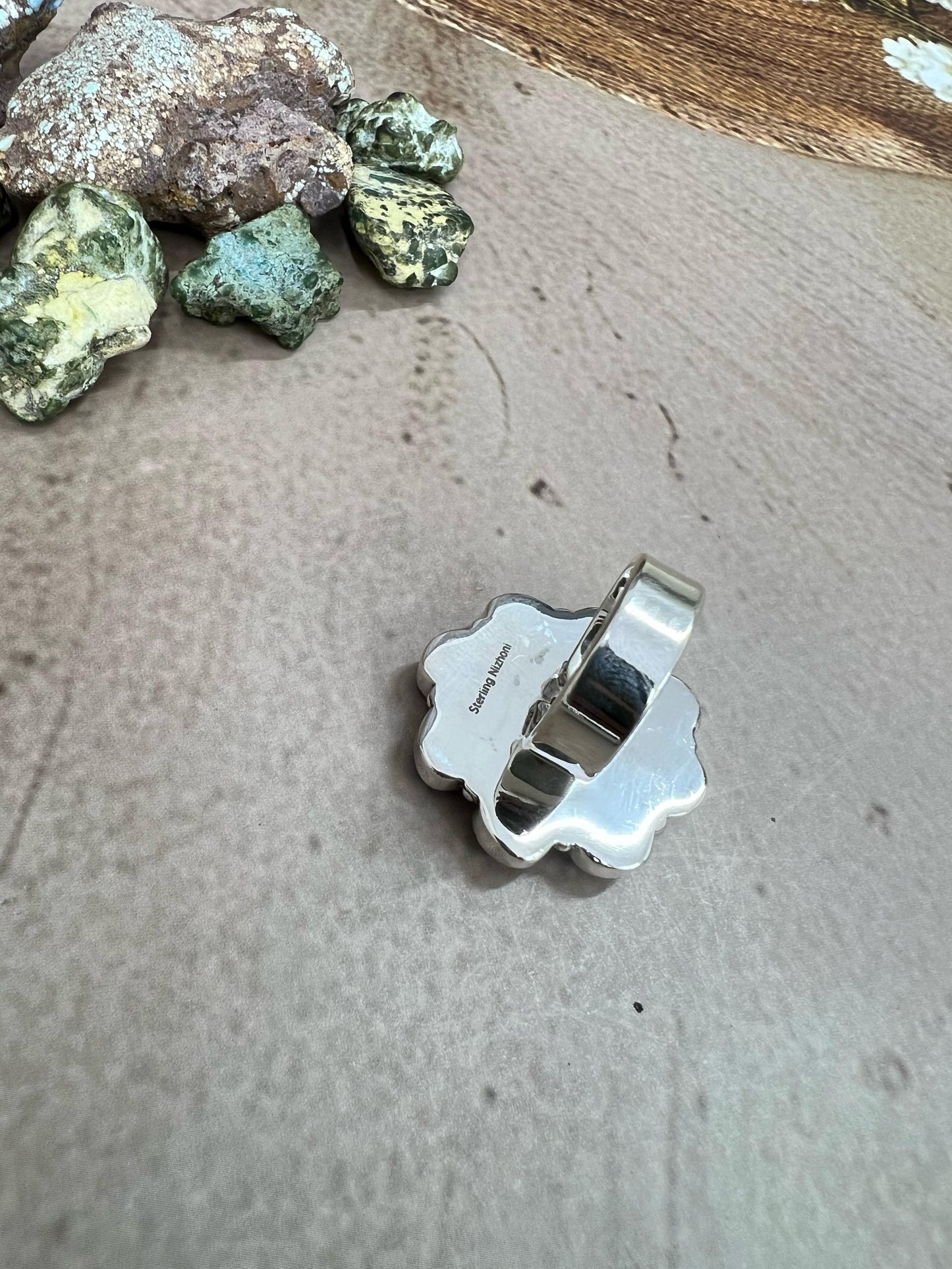 Handmade Sterling Silver Kingman Turquoise with Chrysocolla White Buffalo Turquoise Adjustable Ring, Signed Nizhoni
