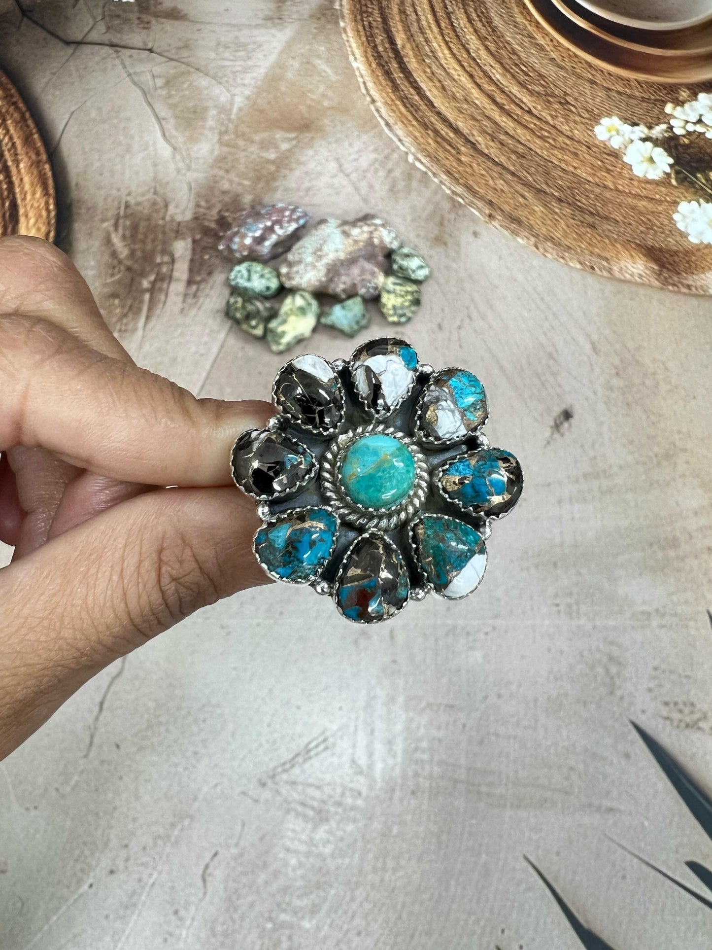 Handmade Sterling Silver Kingman Turquoise with Chrysocolla White Buffalo Turquoise Adjustable Ring, Signed Nizhoni
