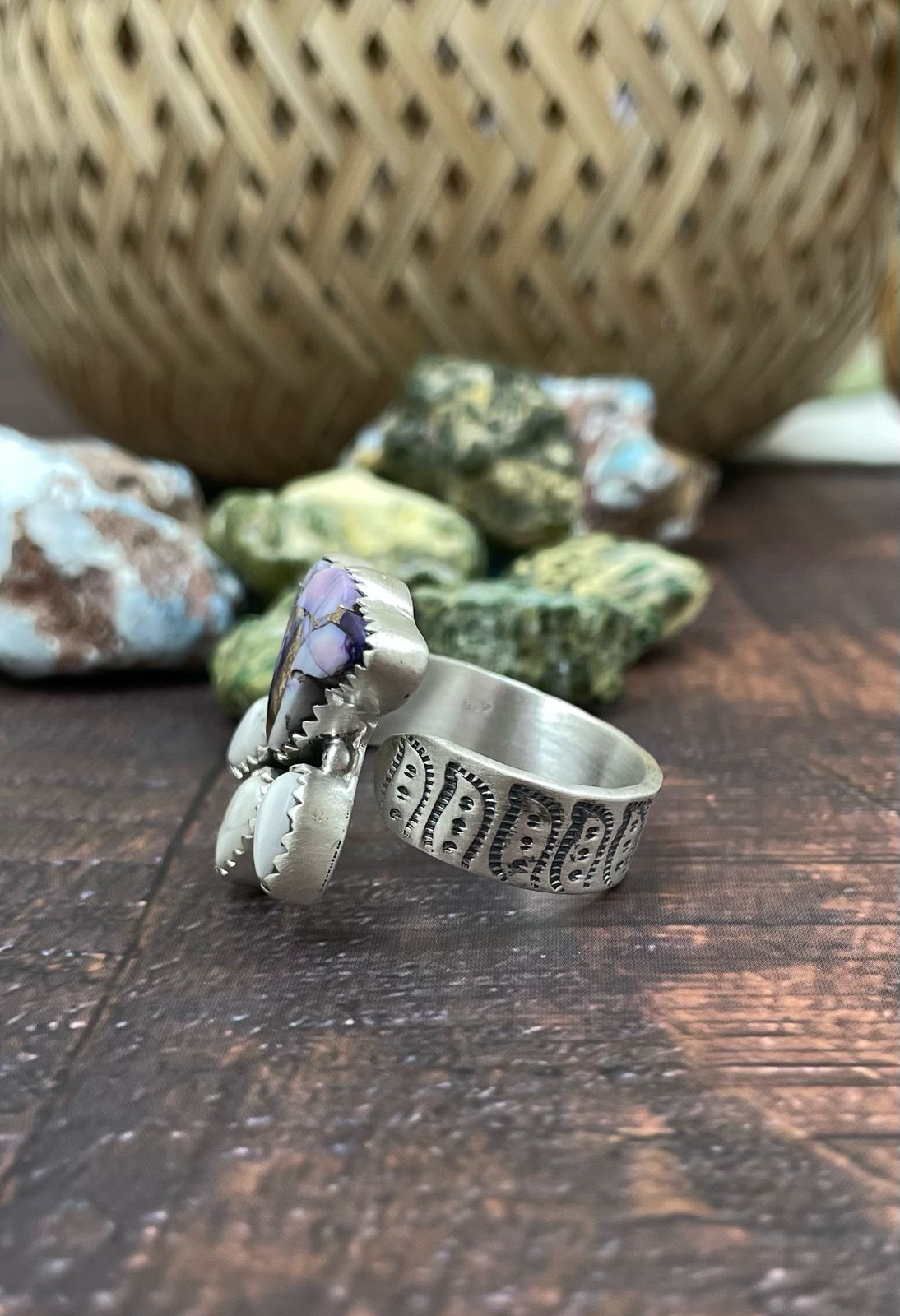 Handmade Sterling Silver Purple Rose Dahlia with White Buffalo Turquoise Adjustable Ring, Signed Nizhoni