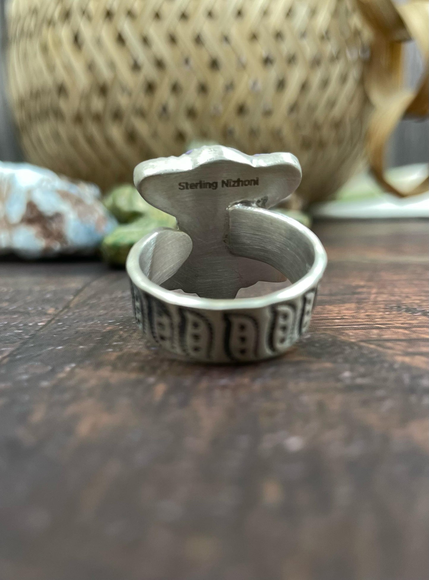 Handmade Sterling Silver Purple Rose Dahlia with White Buffalo Turquoise Adjustable Ring, Signed Nizhoni