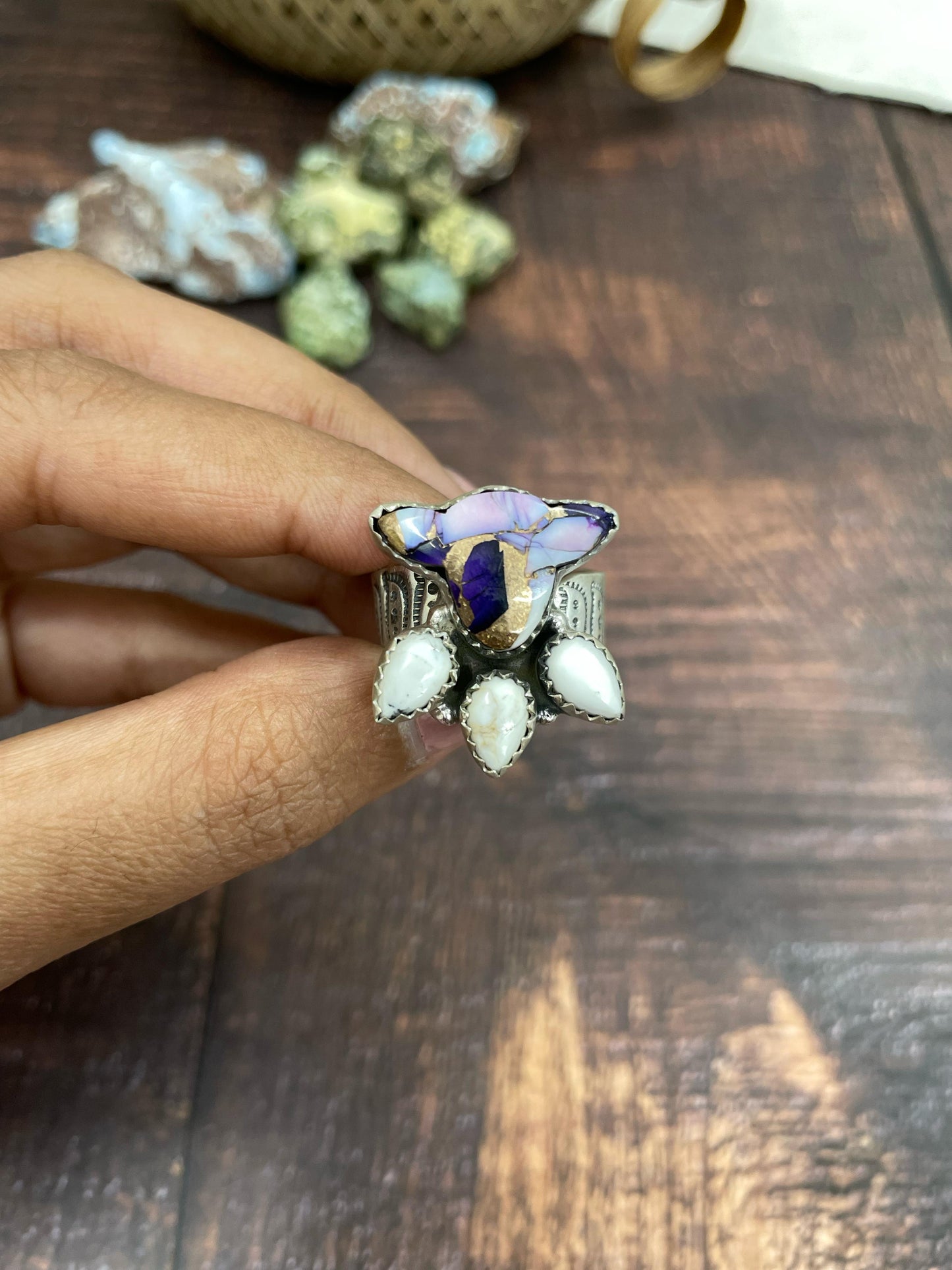 Handmade Sterling Silver Purple Rose Dahlia with White Buffalo Turquoise Adjustable Ring, Signed Nizhoni