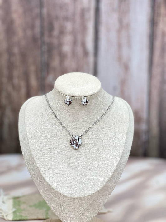 Handmade Sterling Silver Wild Horse Cactus Necklace Earrings Set with Signed Nizhoni