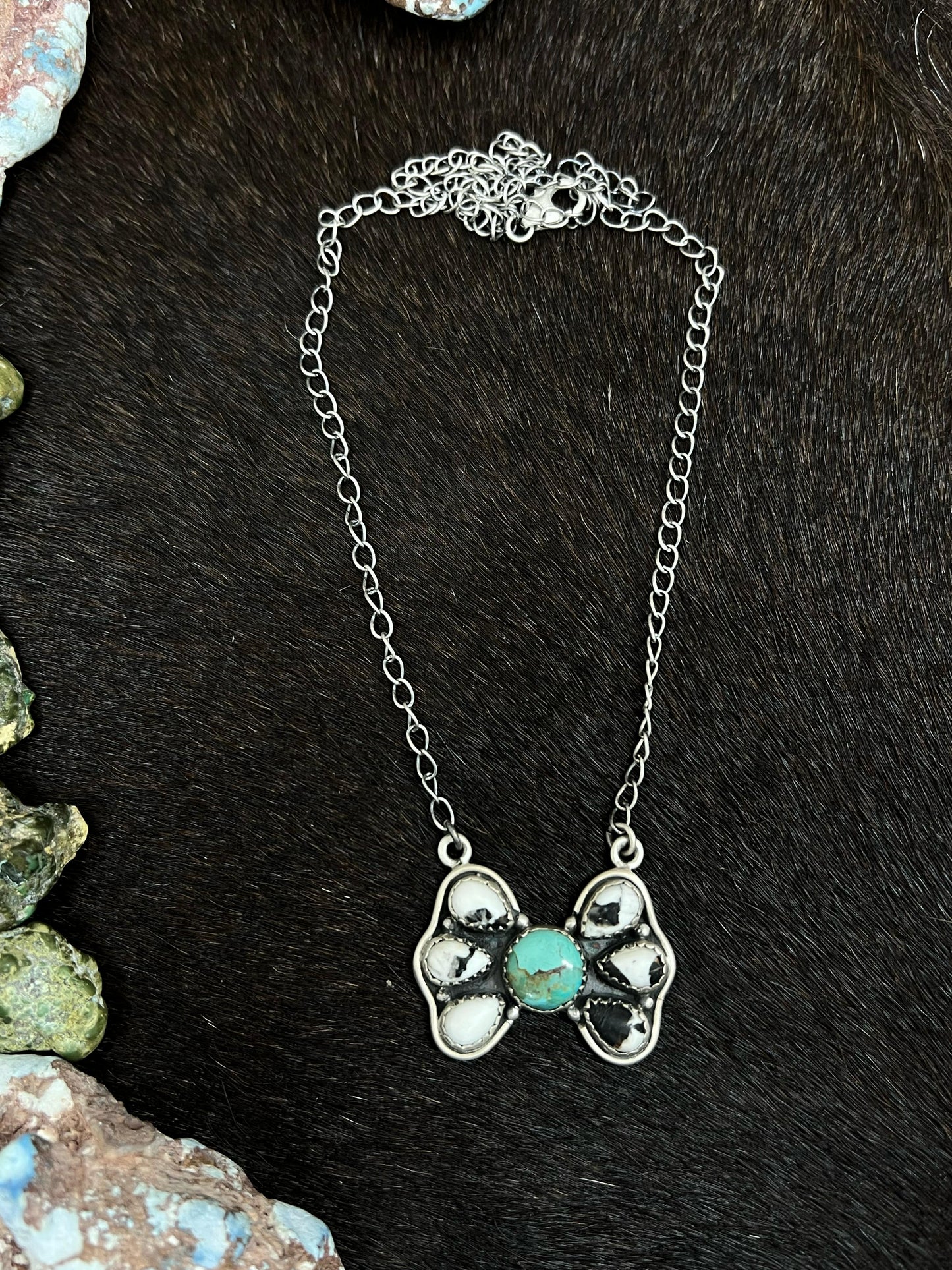 Handmade Sterling Silver Kingman with White Buffalo Turquoise Necklace, Signed Nizhoni