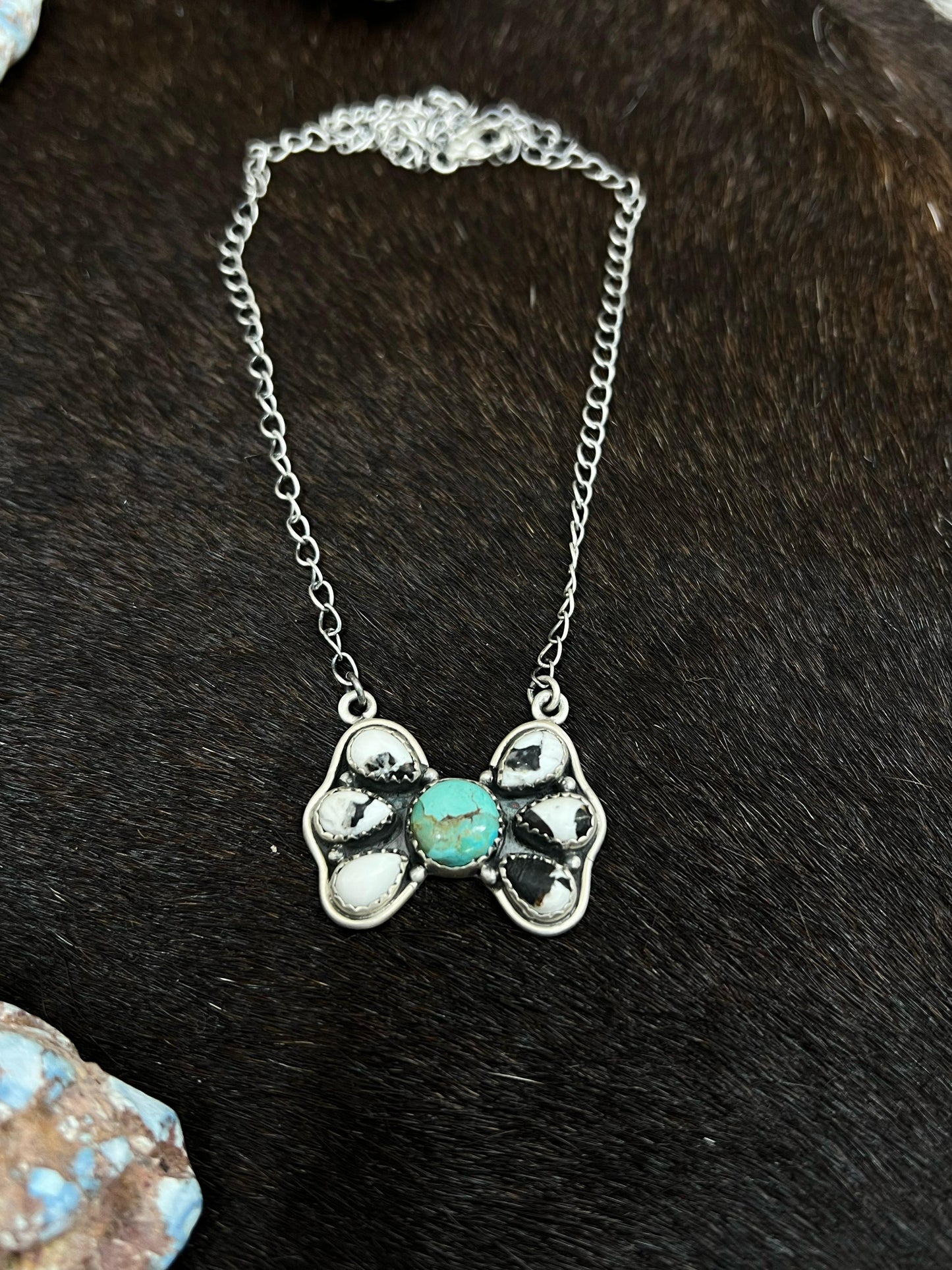 Handmade Sterling Silver Kingman with White Buffalo Turquoise Necklace, Signed Nizhoni