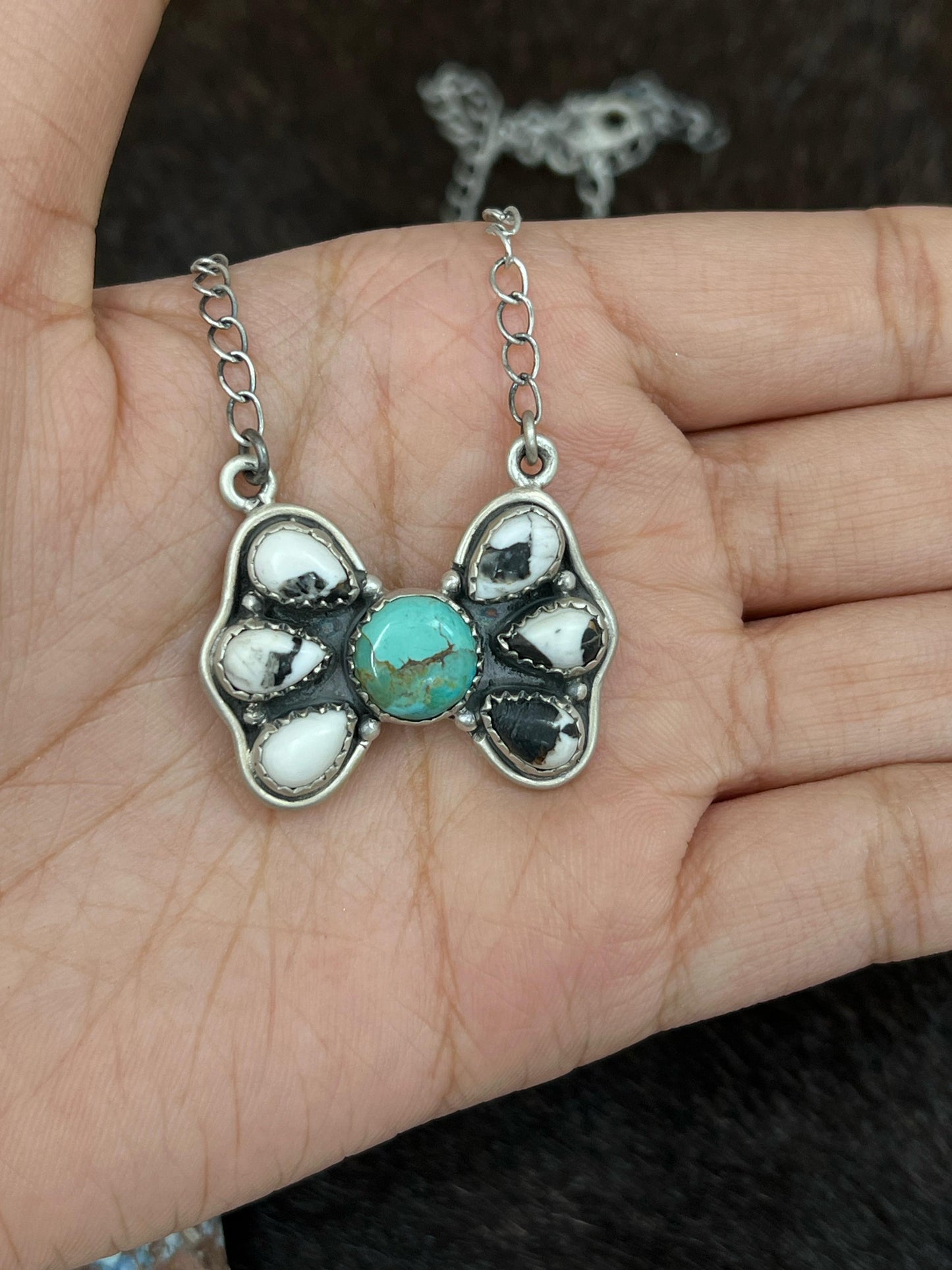 Handmade Sterling Silver Kingman with White Buffalo Turquoise Necklace, Signed Nizhoni