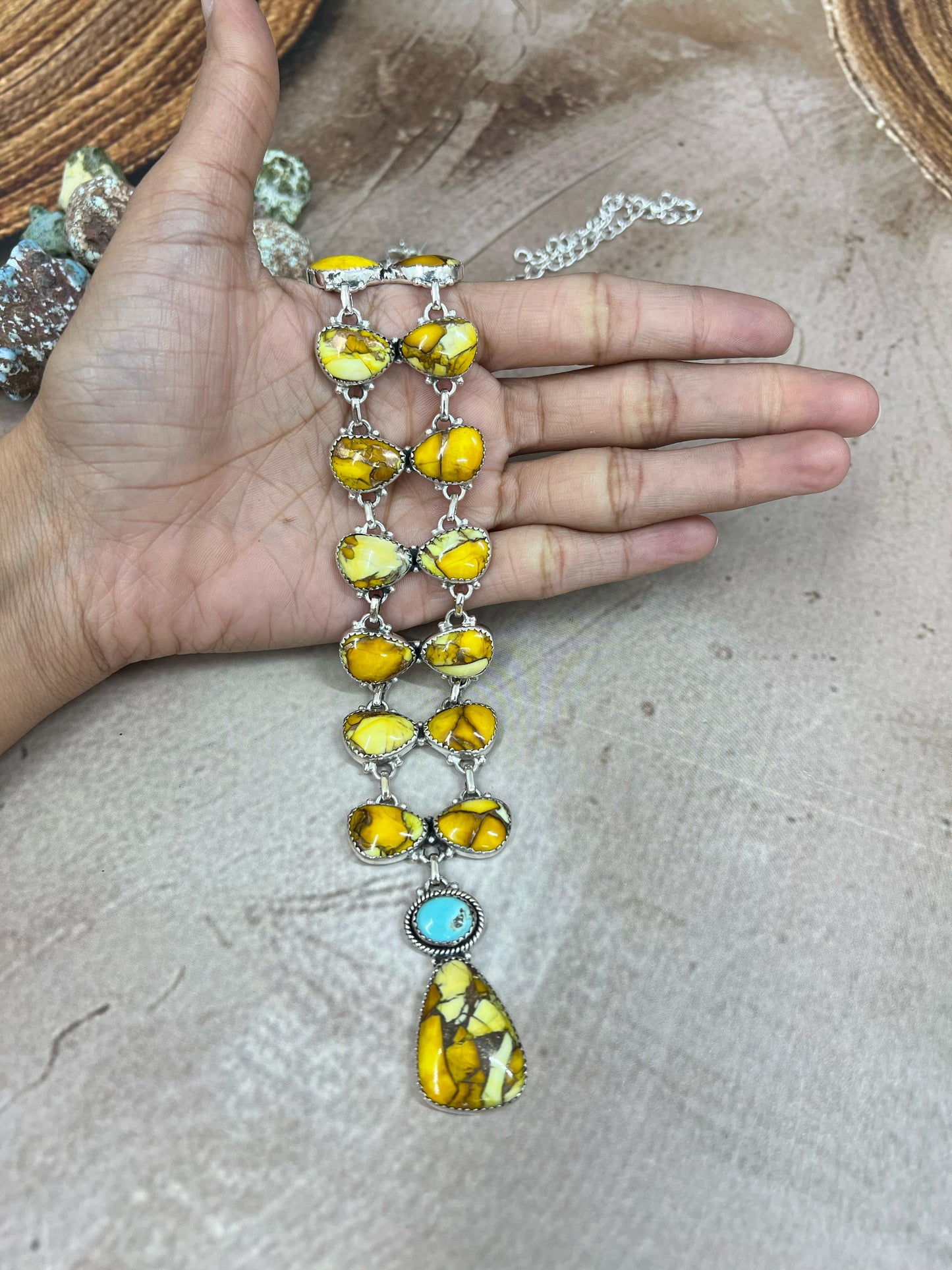 Handmade Sterling Silver Honey Dahlia with Kingman Turquoise Necklace, Signed Nizhoni