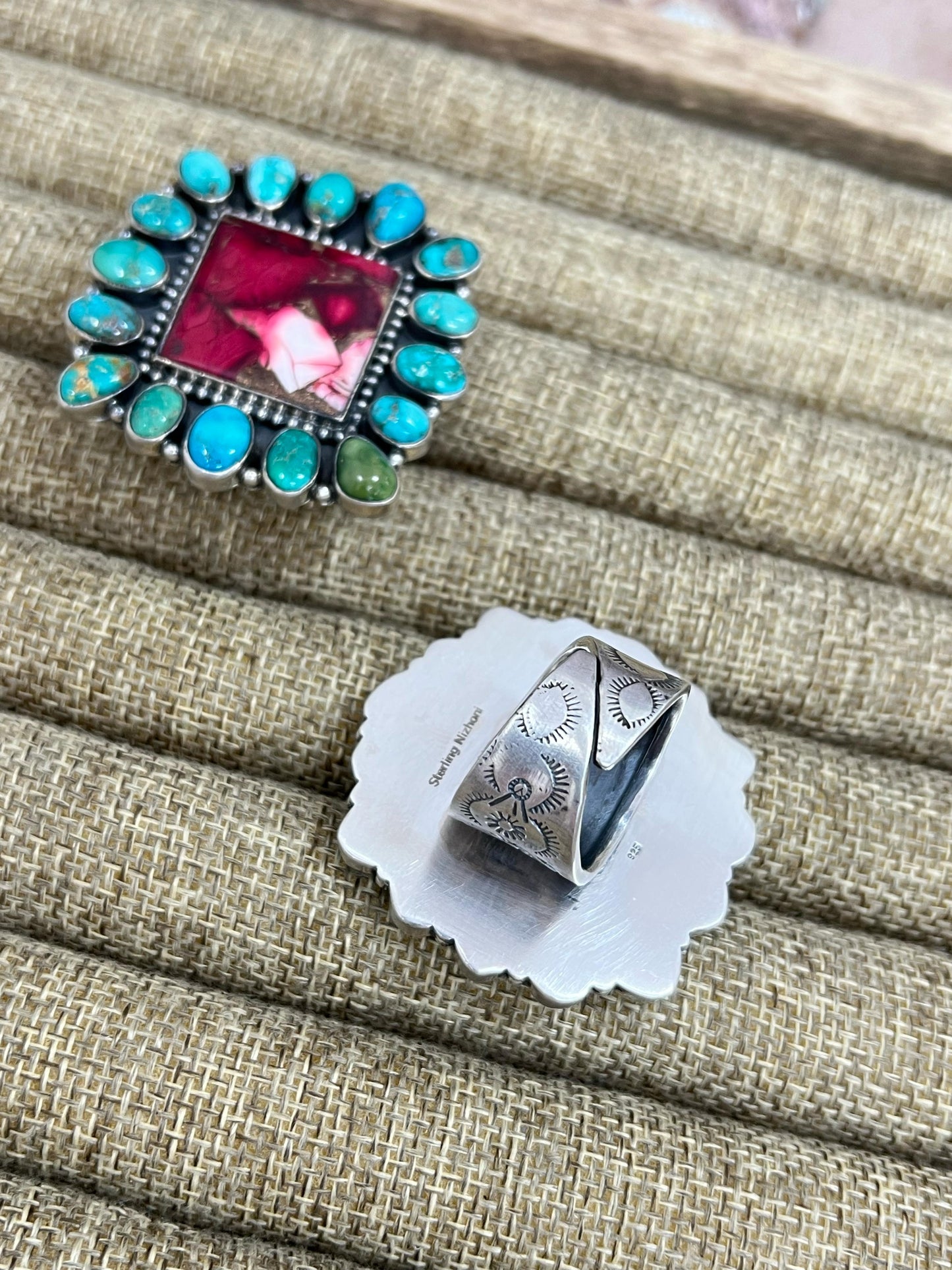 Handmade Sterling Silver Emerald Valley with Dahlia Rose Adjustable Ring, Signed Nizhoni