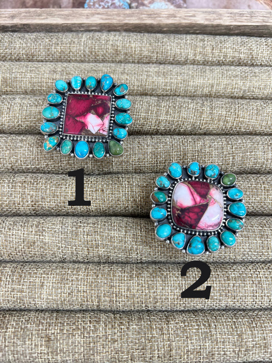 Handmade Sterling Silver Emerald Valley with Dahlia Rose Adjustable Ring, Signed Nizhoni