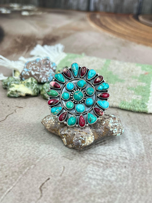 Handmade Sterling Silver Emerald Valley Turquoise with Dahlia Rose Adjustable Ring, Signed Nizhoni