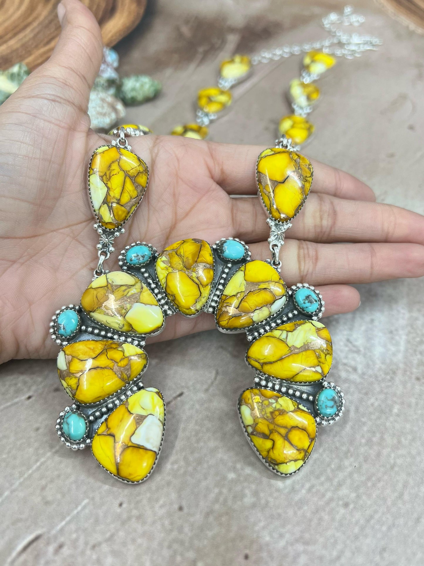 Handmade Sterling Silver Honey Dahlia with Kingman Turquoise Squash Blossom Necklace, Signed Nizhoni