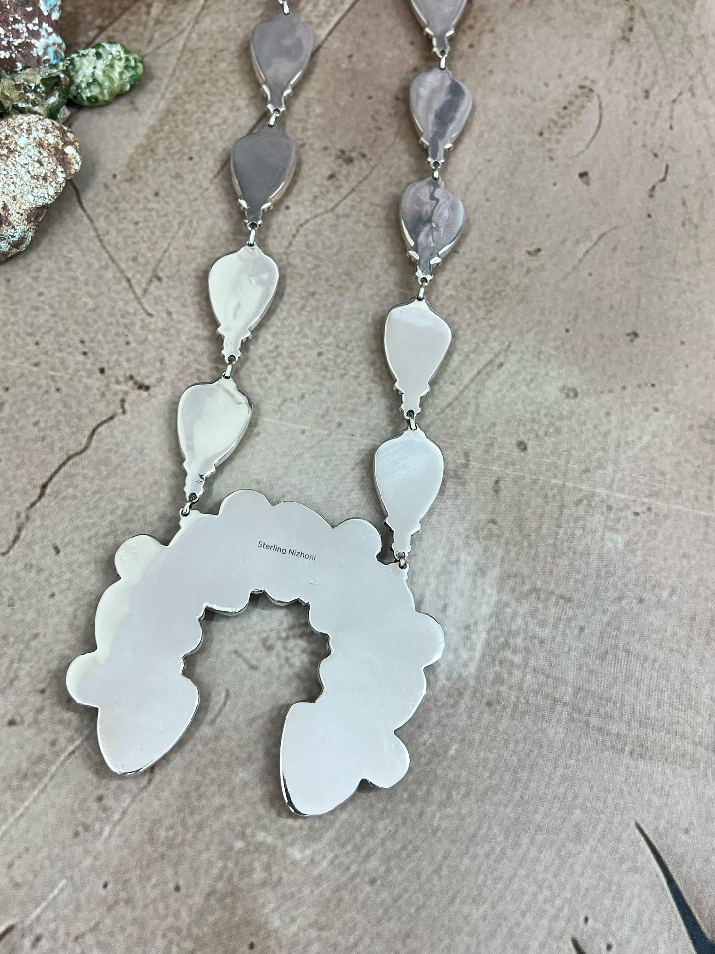 Handmade Sterling Silver Honey Dahlia with Kingman Turquoise Squash Blossom Necklace, Signed Nizhoni