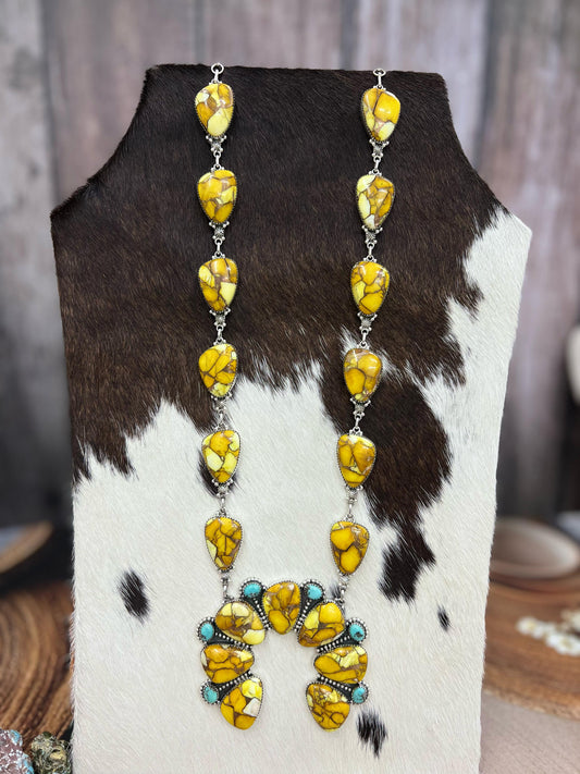 Handmade Sterling Silver Honey Dahlia with Kingman Turquoise Squash Blossom Necklace, Signed Nizhoni