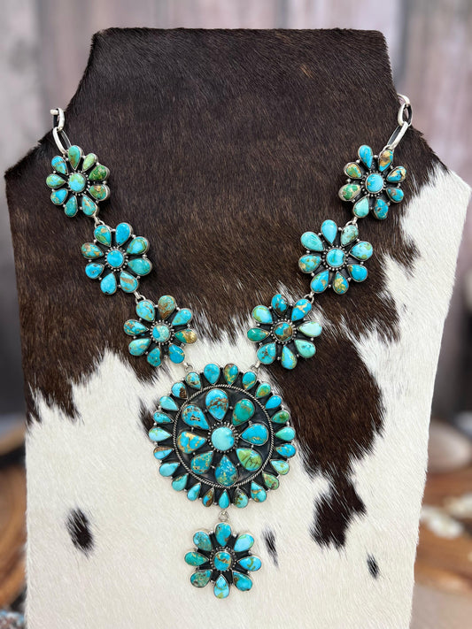 Handmade Sterling Silver South Hill Turquoise Necklace with Signed Nizhoni