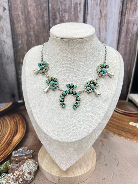 Handmade Sterling Silver Kingman Turquoise Squash Blossom Necklace with Signed Nizhoni