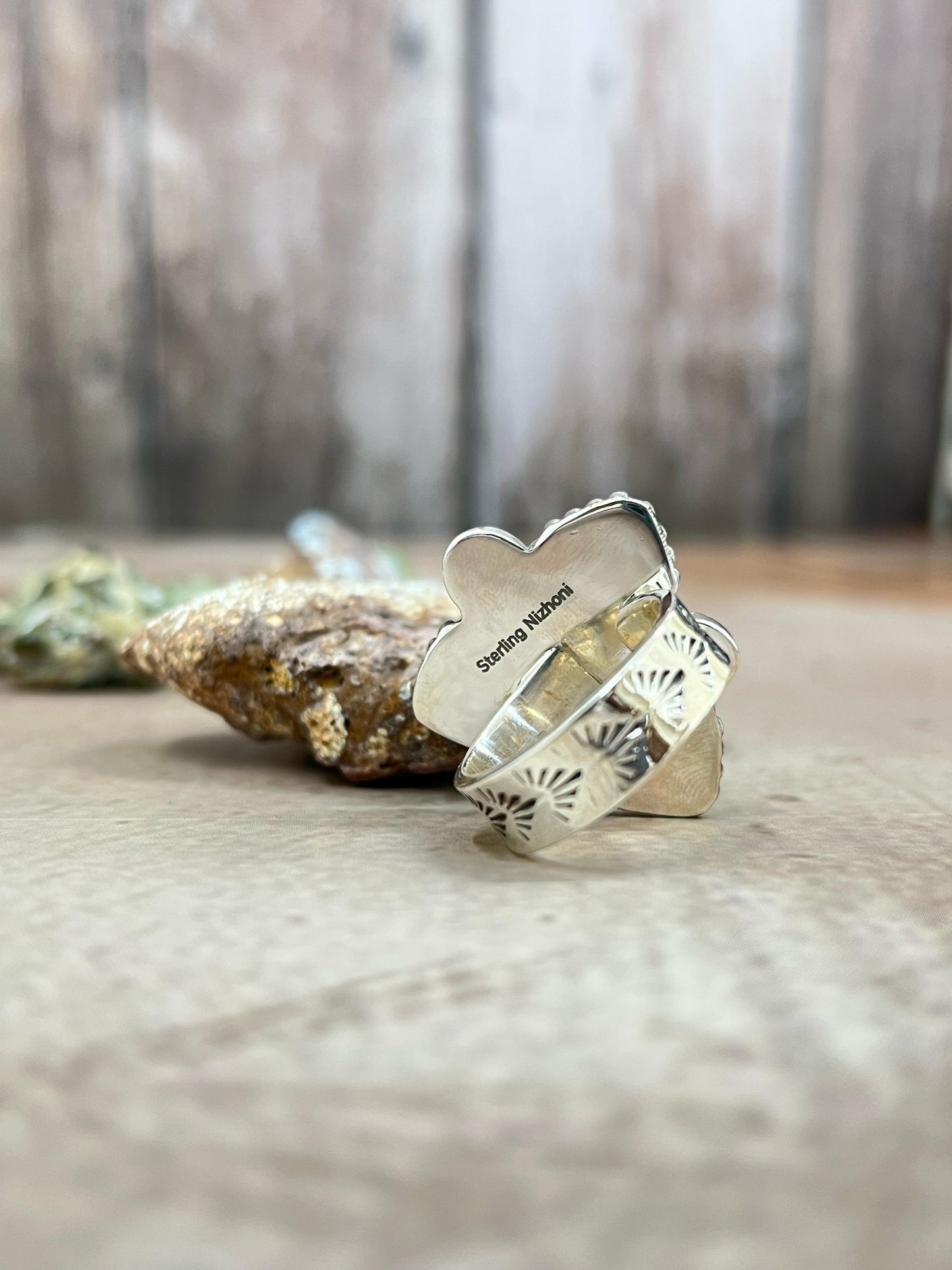 Handmade Sterling Silver Honey Dahlia with Kingman Turquoise Adjustable Ring, Signed Nizhoni