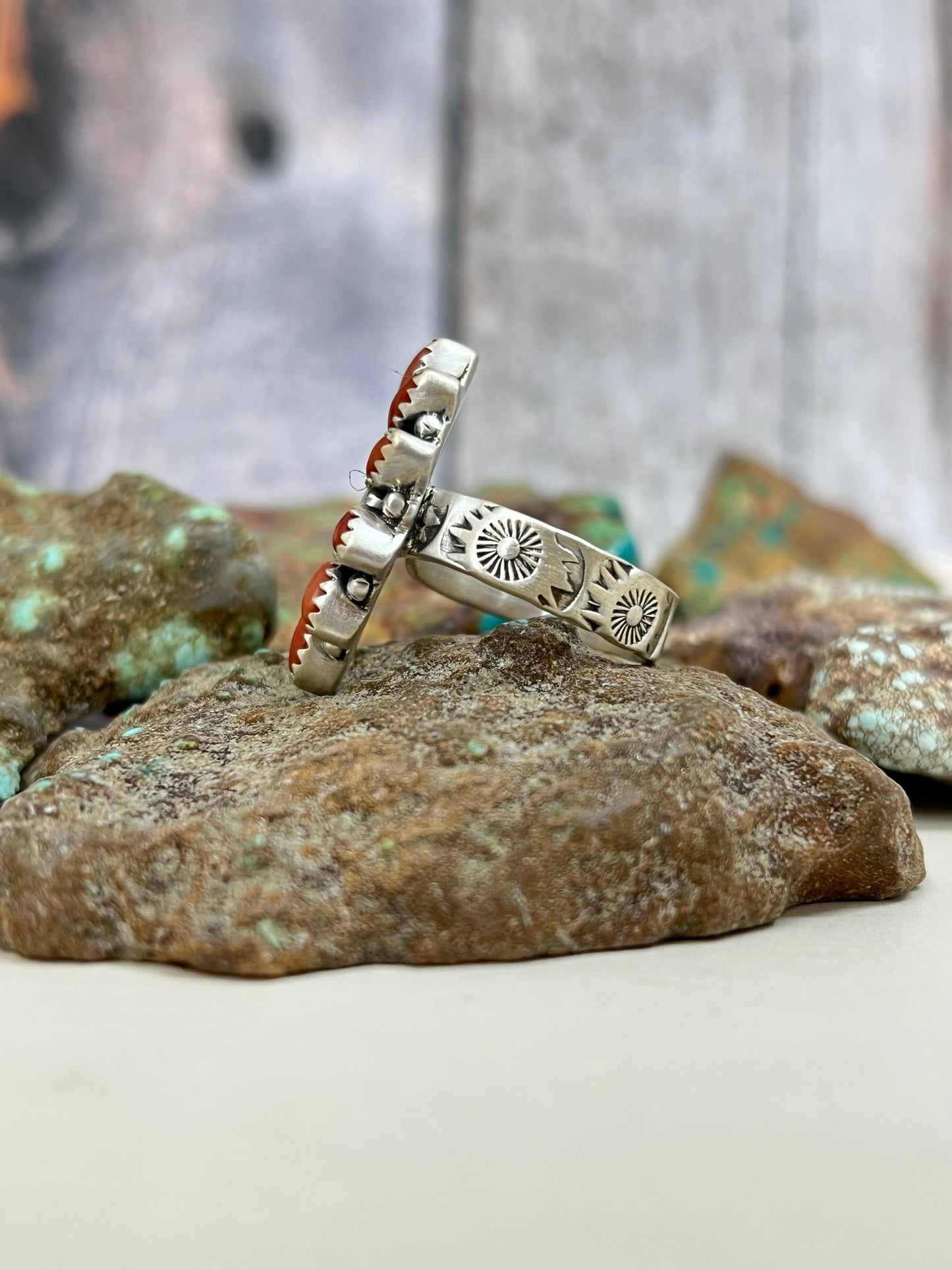 Christmas Collection Handmade Sterling Silver Coral with Peridot Adjustable Ring with Signed Nizhoni