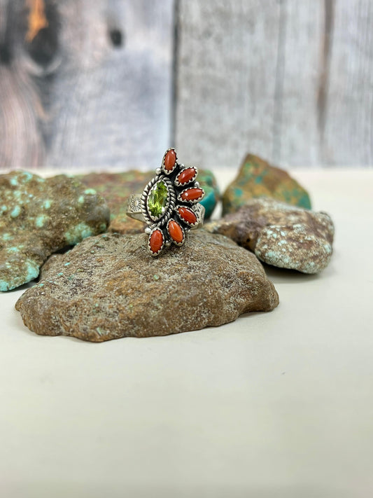 Christmas Collection Handmade Sterling Silver Coral with Peridot Adjustable Ring with Signed Nizhoni