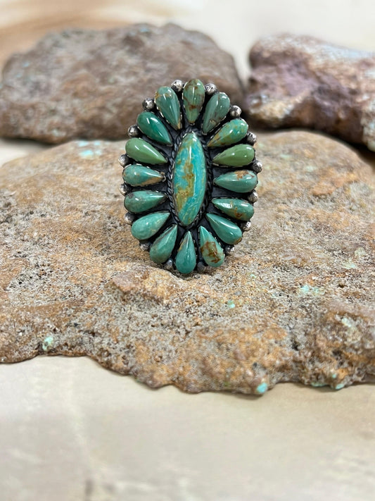 Handmade Sterling Silver Royston Turquoise Adjustable Ring with Signed Nizhoni