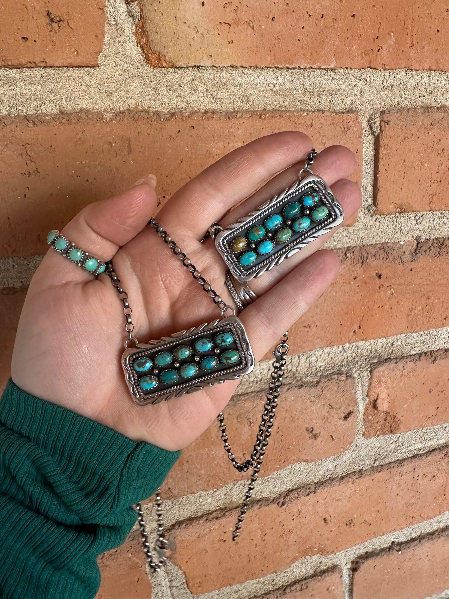 Navajo Sterling Silver & Double Row Turquoise Bar Necklace Signed E. Richards
