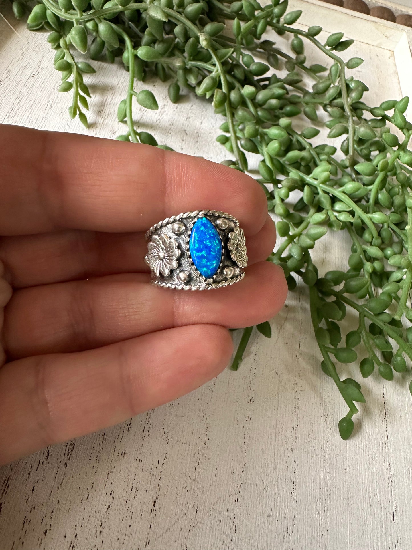 Beautiful Handmade Blue Fire Opal And Sterling Silver Adjustable Flower Ring