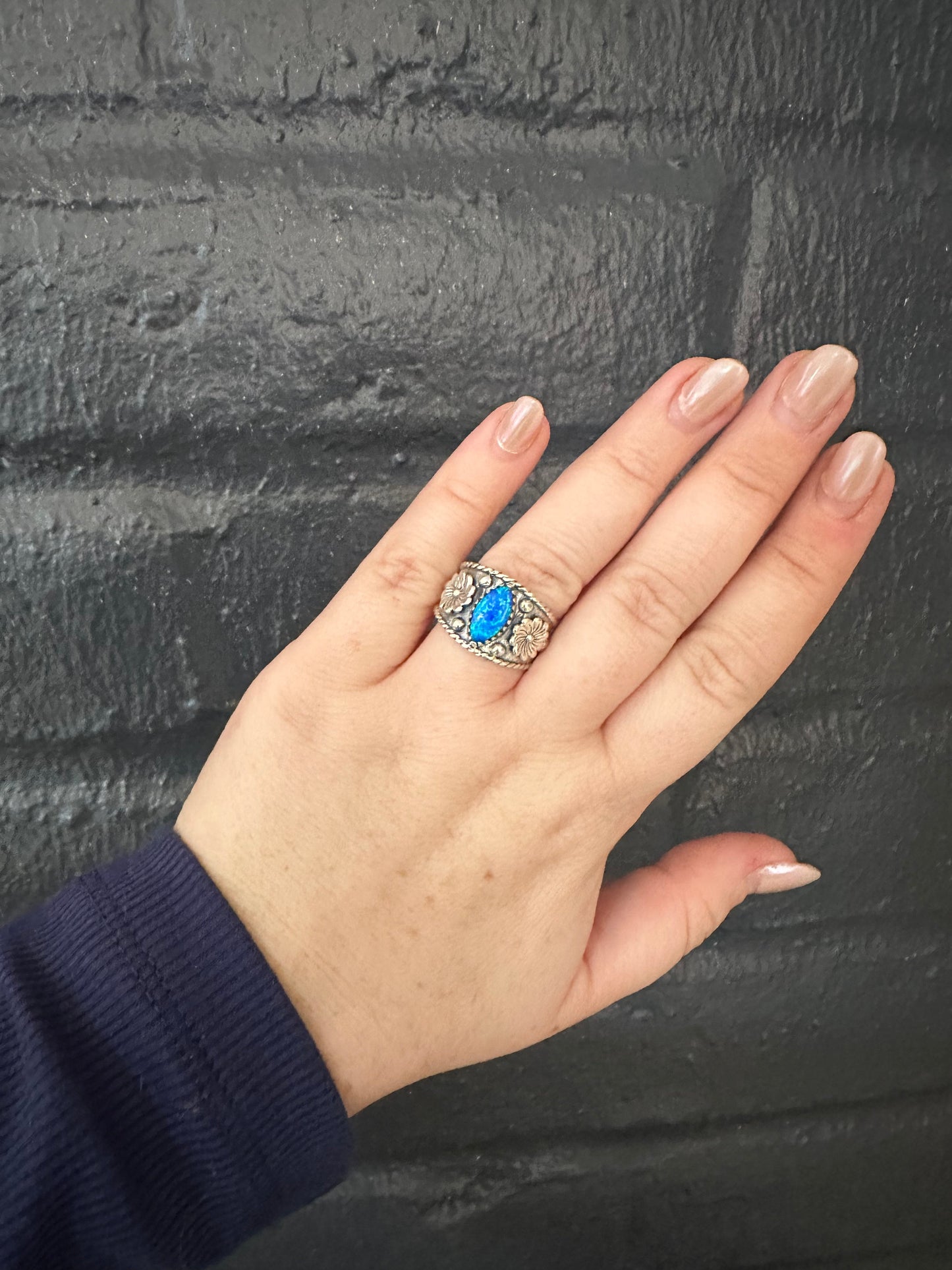 Beautiful Handmade Blue Fire Opal And Sterling Silver Adjustable Flower Ring