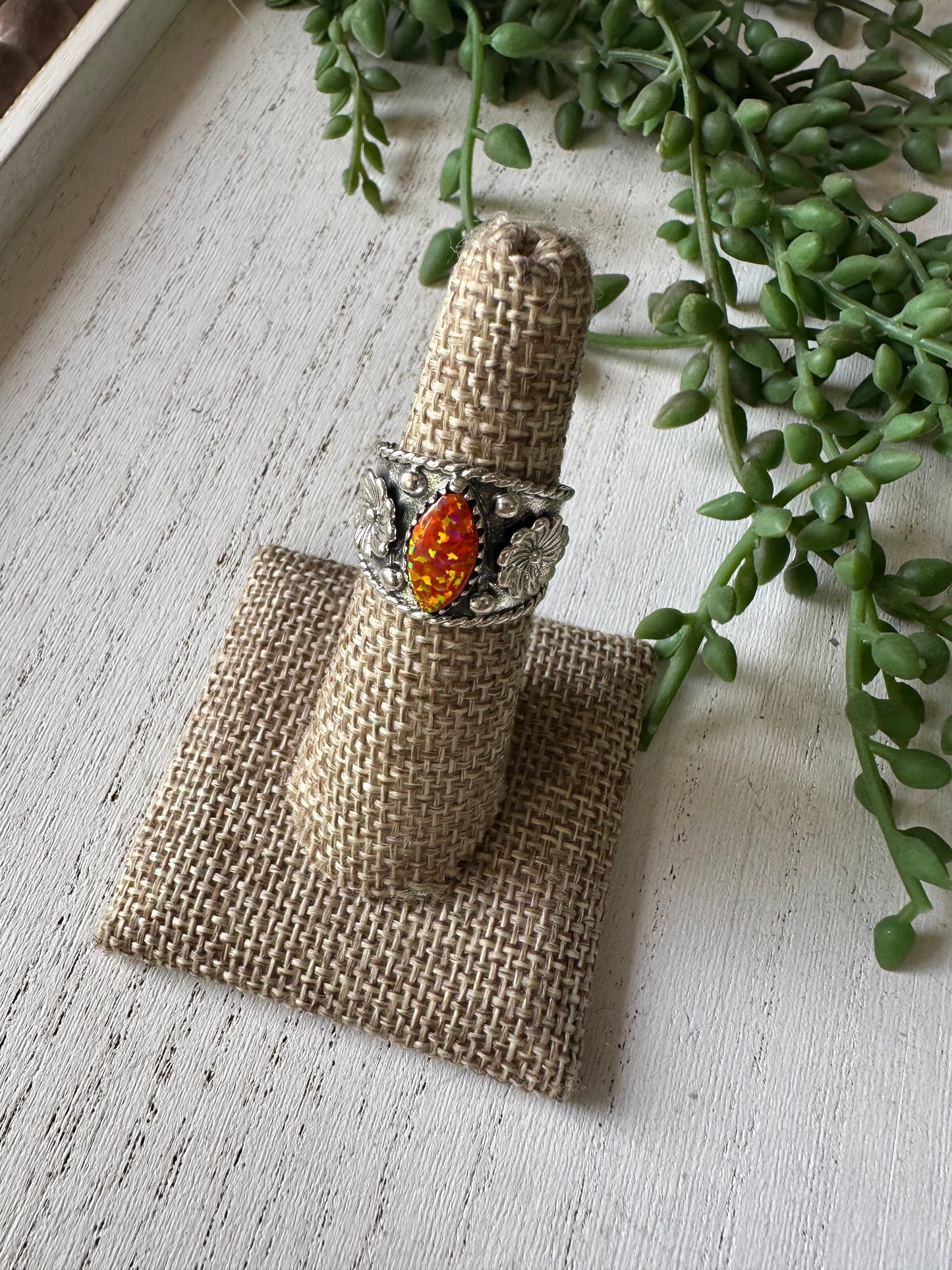 Beautiful Handmade Orange Fire Opal And Sterling Silver Adjustable Flower Ring