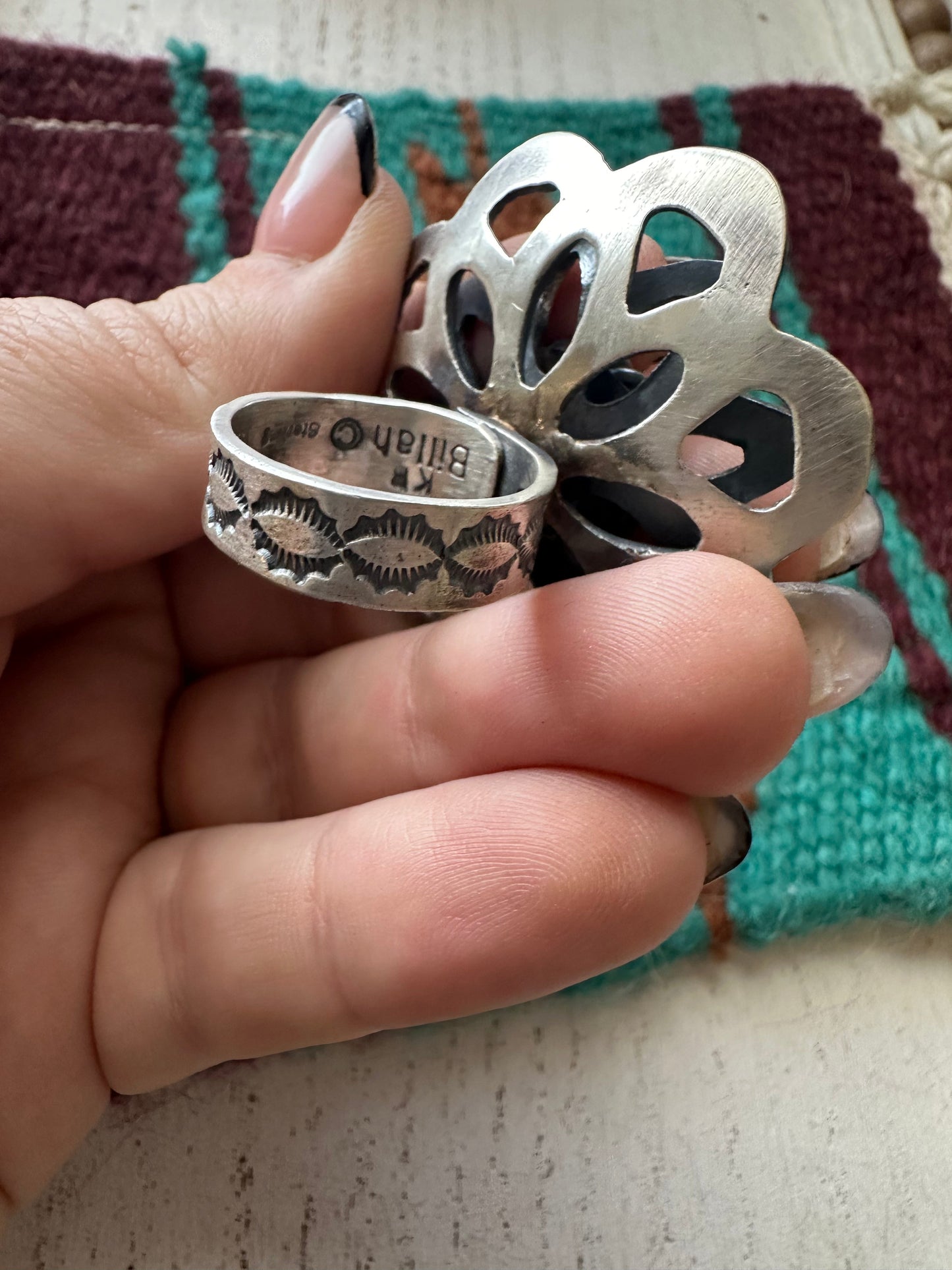 Navajo Pink Conch And Sterling Silver Adjustable Flower Ring Signed K Billah