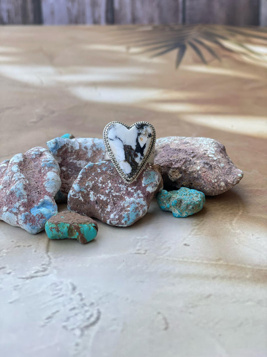 Handmade Sterling silver Adjsutable White Buffalo Heart ring , singed Nizhoni