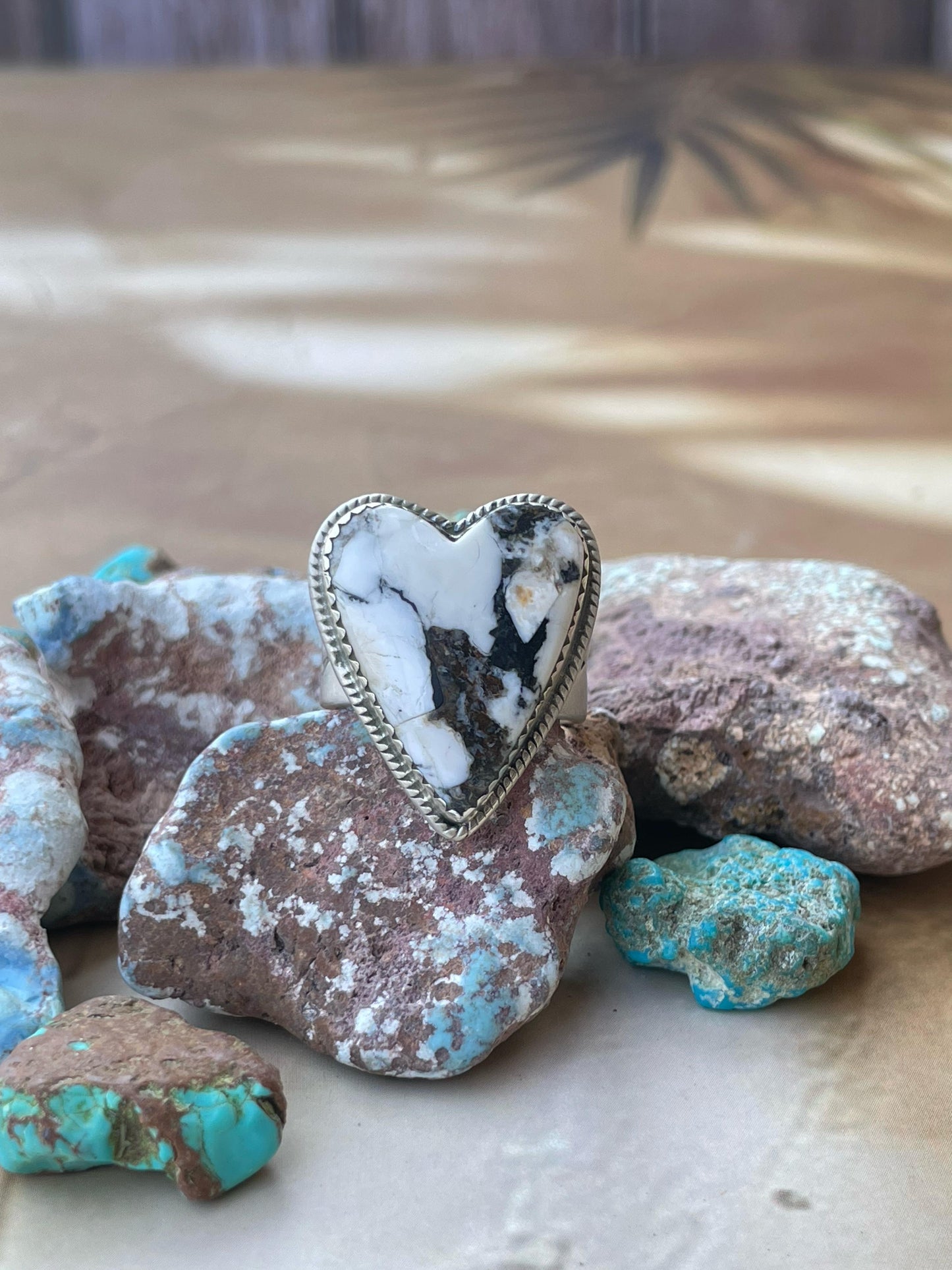 Handmade Sterling silver Adjsutable White Buffalo Heart ring , singed Nizhoni
