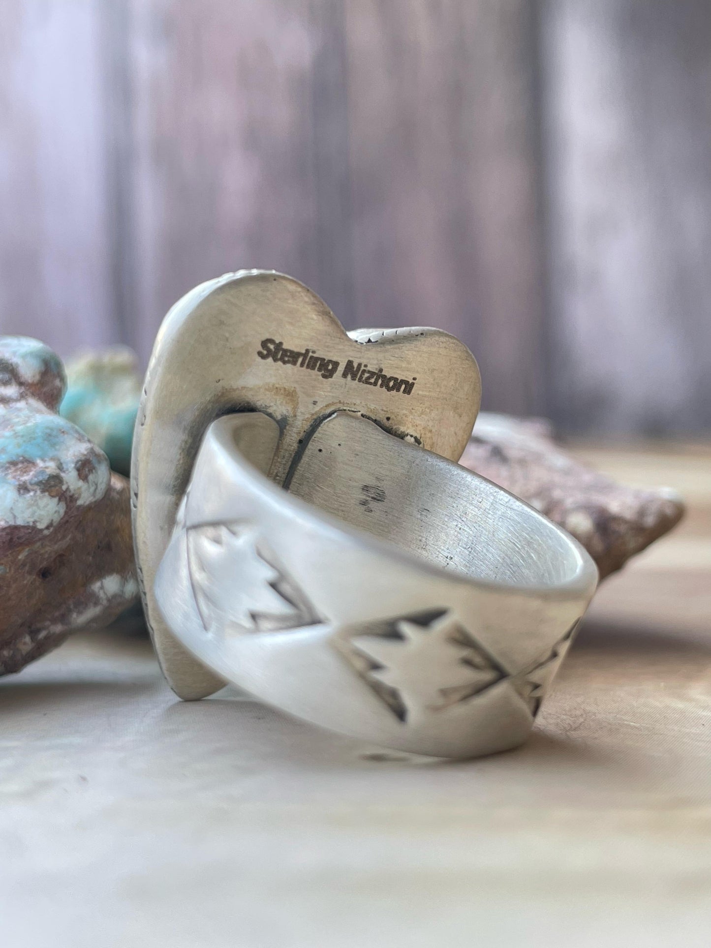 Handmade Sterling silver Adjsutable White Buffalo Heart ring , singed Nizhoni