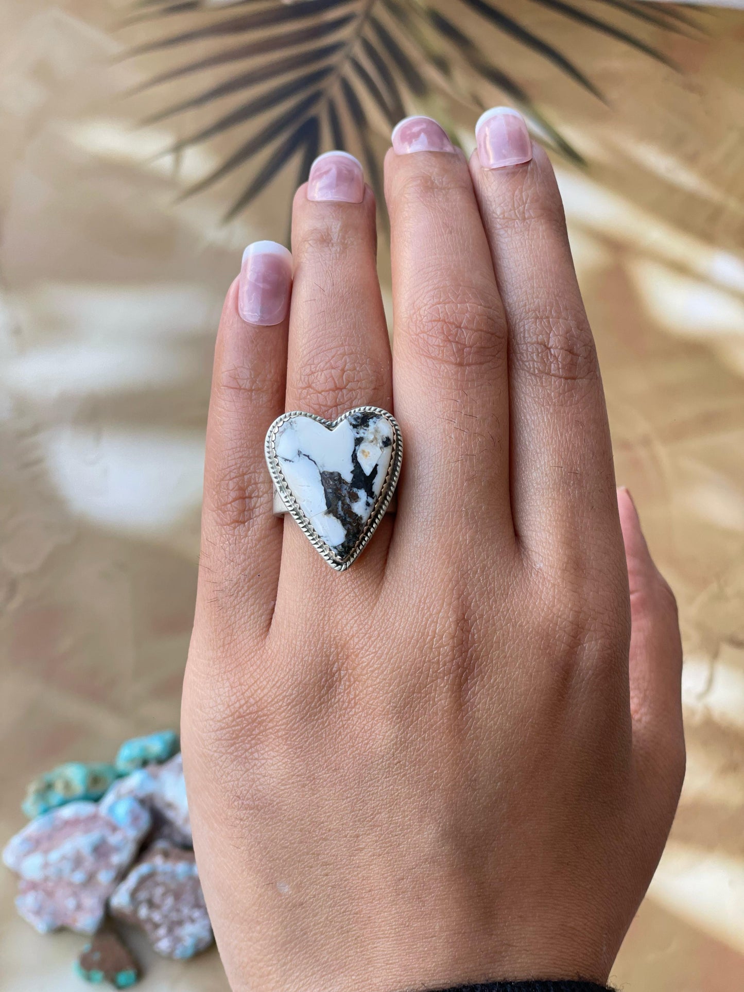 Handmade Sterling silver Adjsutable White Buffalo Heart ring , singed Nizhoni