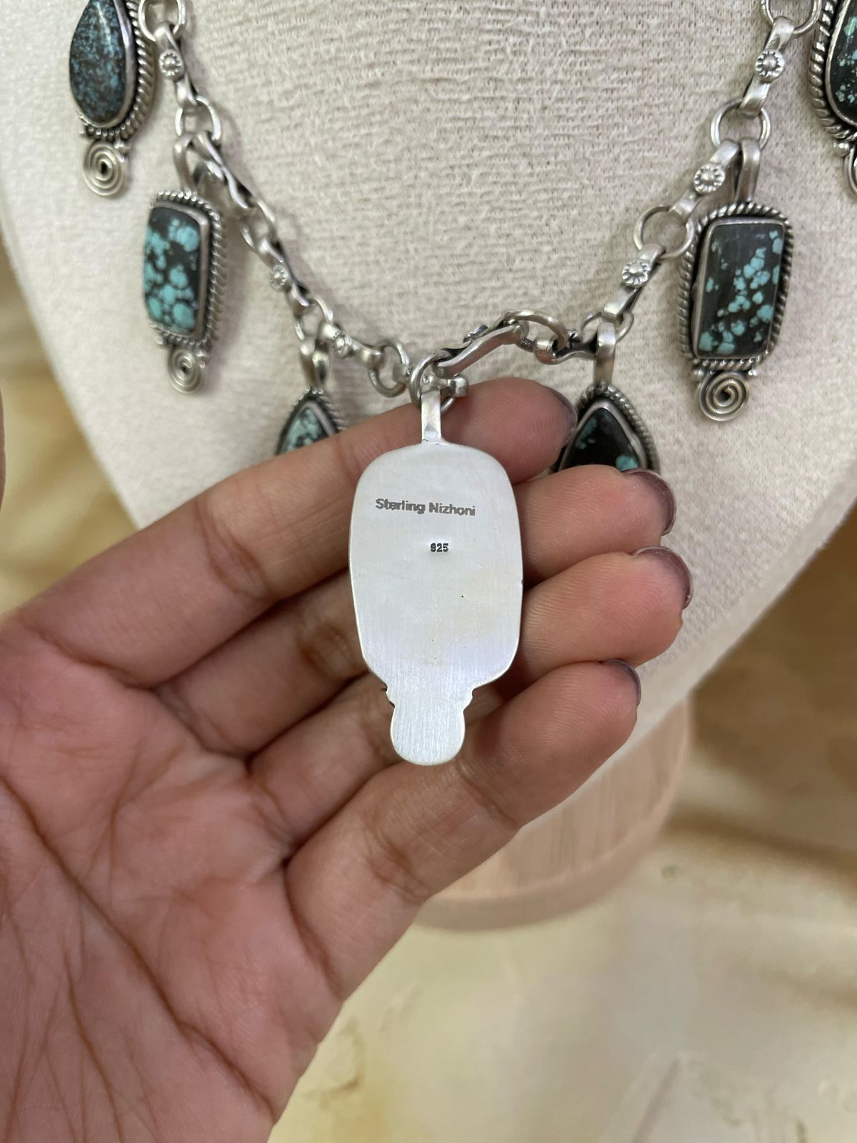 Handmade Sterling Silver Lander Turquoise Necklace, Signed Nizhoni