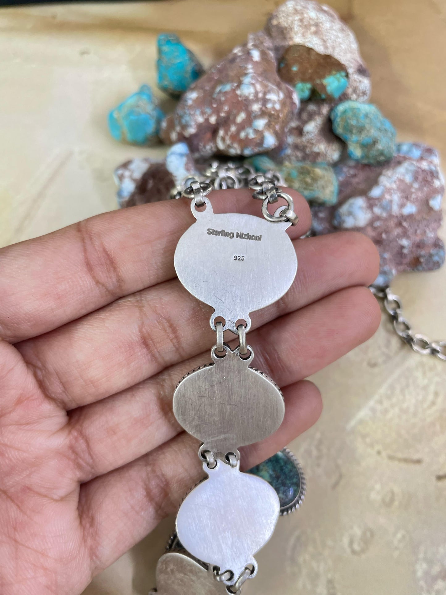 Handmade Sterling Silver Lander Turquoise Necklace, Signed Nizhoni