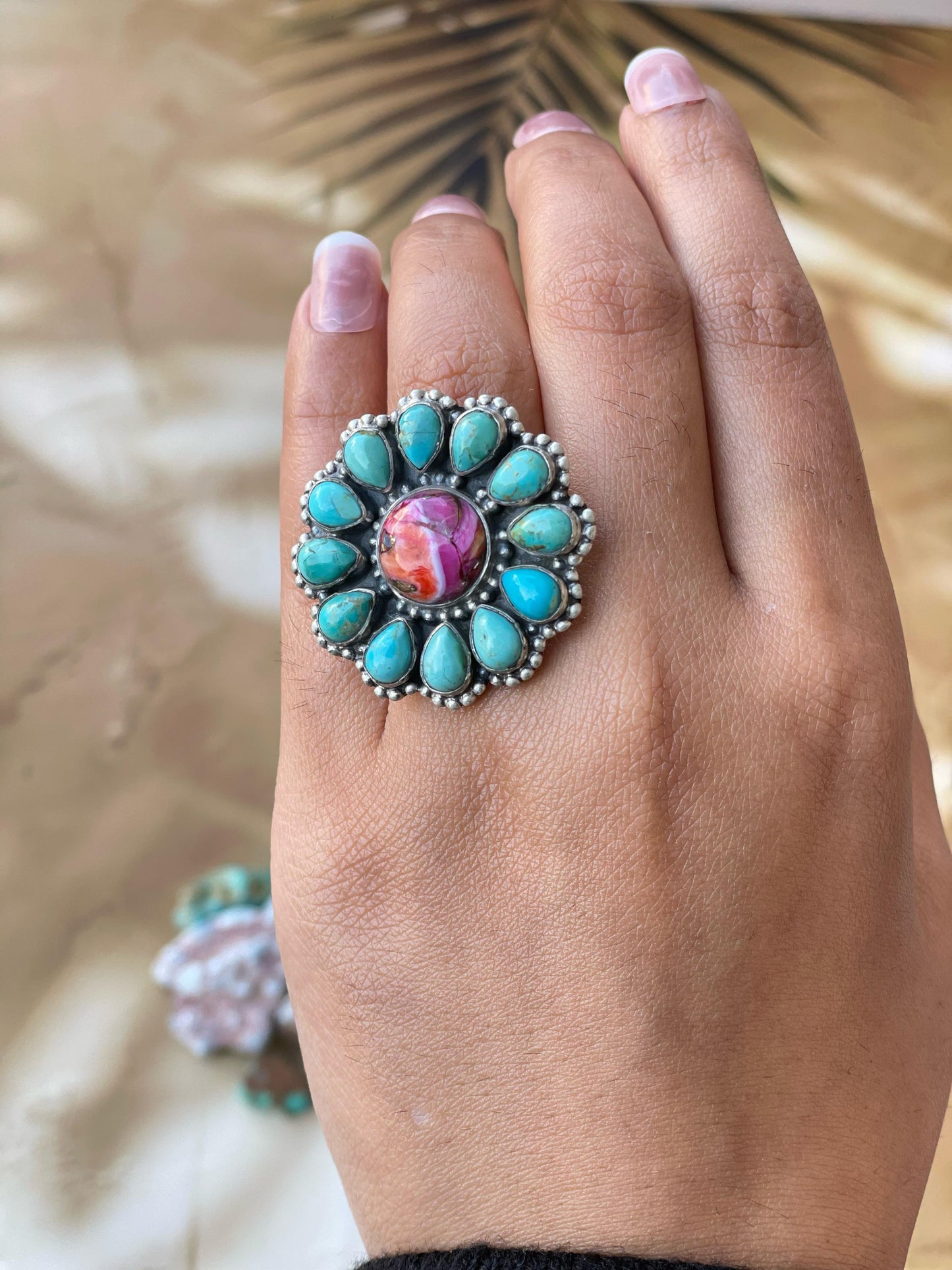 Handmade Sterling Silver Pink dream With Mojave Turquoise adjustable cluster ring , signed Nizhoni