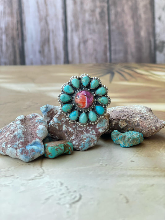 Handmade Sterling Silver Pink dream With Mojave Turquoise adjustable cluster ring , signed Nizhoni
