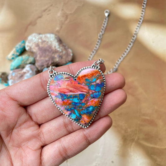 Handmade Sterling Silver Pink Dream Heart Necklace, Signed Nizhoni