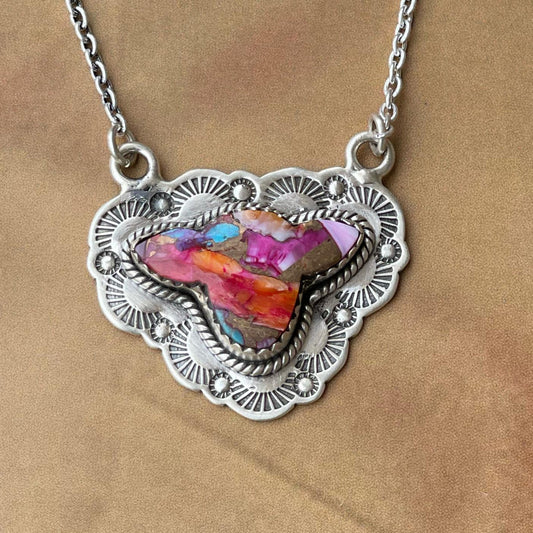Handmade Sterling Silver Pink Dream Cow Head Necklace, Signed Nizhoni